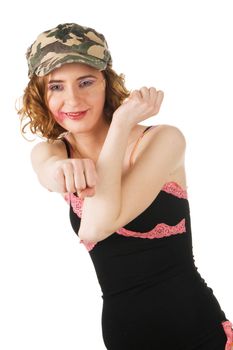 Young woman fighting with fists, white background