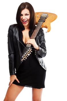 Sexy lady with a guitar, isolated on white background