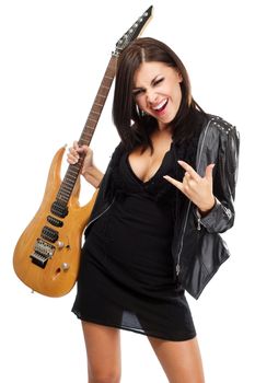 Sexy lady with a guitar, isolated on white background