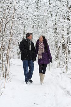 Young happy couple walking in winter park