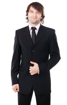 Elegant man in black suit against white background