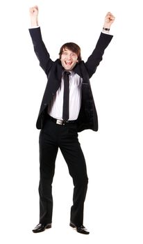 Expressive happy businessman, white background 