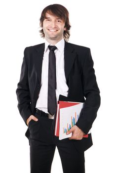 Cheerful businessman with a papers and folders against white background