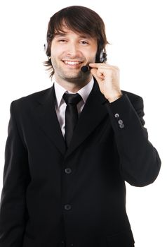 Portrait of a happy young businessman with headset on white background 