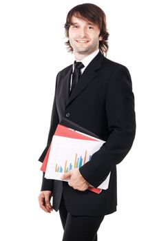 Cheerful businessman with a papers and folders against white background