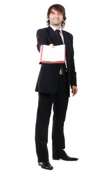 Elegant businessman giving daily planner, white background