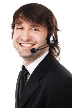 Portrait of a happy young businessman with headset isolated over white background 