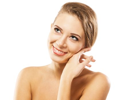 Portrait of a beautiful happy woman, white background 