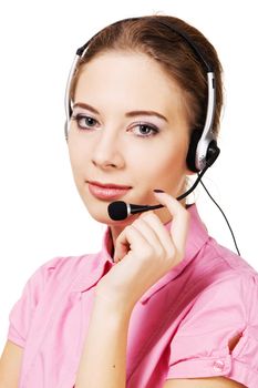 Young professional call center operator, white background 