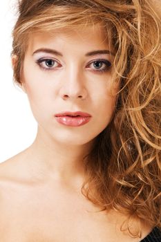 Woman's beautiful face closeup portrait, white background