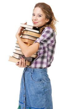 Lovely girl with stack of books, white background 