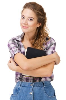 Lovely student girl with a book against white background