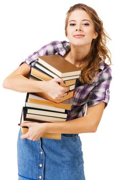 Lovely girl with a stack of books, white background