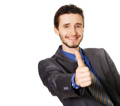 Friendly handsome businessman showing thumbs up sign