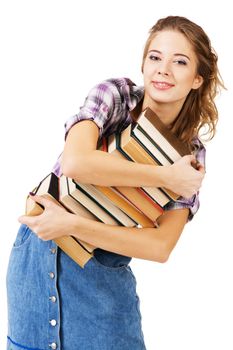 Lovely girl with a stack of books, white background