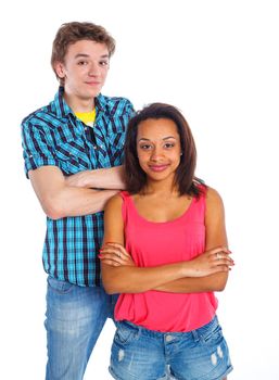 Smiling young man with pretty girlfriend. Isolated on white background.