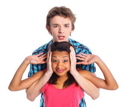 Clouse-up portrait young man with pretty girlfriend. Isolated on white background.