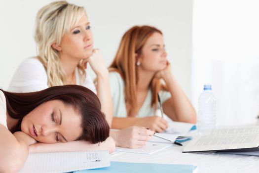 Bored university students one sleeping sitting at a table during class
