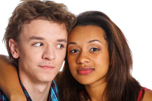 Clouse-up portrait young man with pretty girlfriend. Isolated on white background.