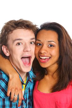 Clouse-up portrait smiling young man with pretty girlfriend. Isolated on white background.