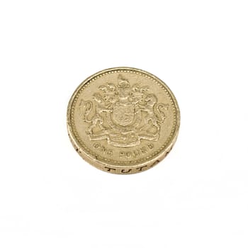 A one pound coin on a white background.