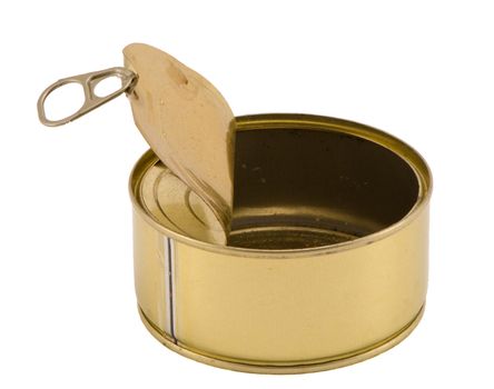 Side view of empty silver metal fish meat food tin can open and empty, with pull tab lid curled back