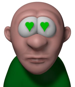 cartoon guy with green heart in his eyes - 3d illustration