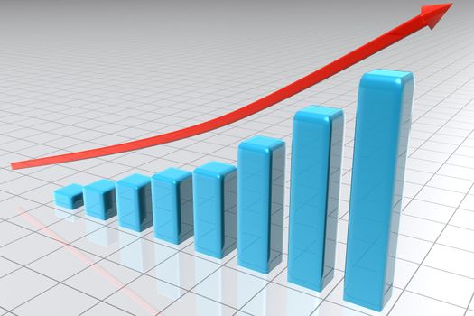 Illustrated bars building s statistic with an arrow above them