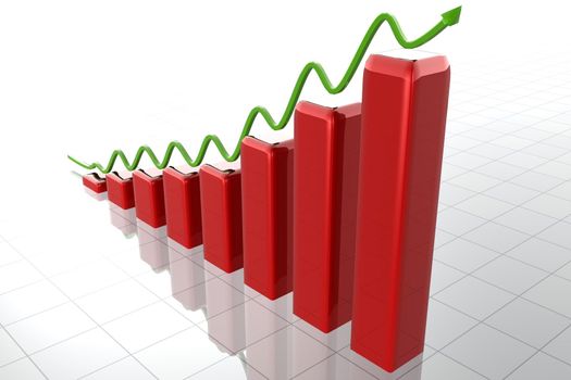 Illustrated red rising bars with green arrow on them