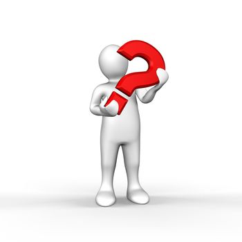 An illustrated white figure holding a red question mark