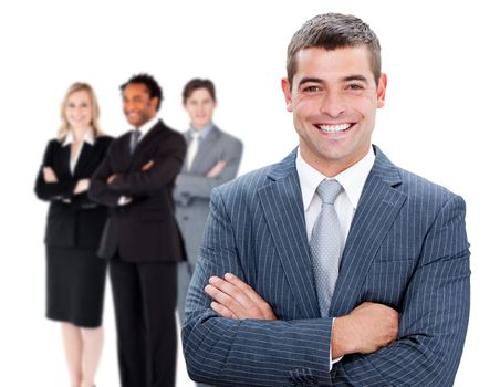 Businessman in front of colleagues against white background