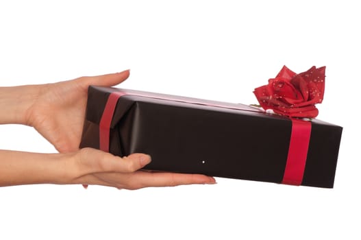 woman giving a black box with red rose as a gift