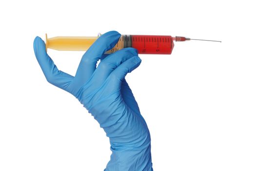 Woman in blue gloves holds in the hand syringe with a new antibiotic for making injection