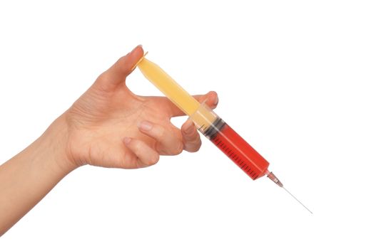 Woman use syringe with a new synthetic hard drugs mixed with blood for escape from reality