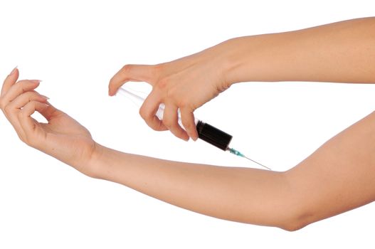 Woman use syringe with a new synthetic hard drugs for escape from reality