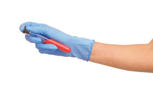Doctor in blue gloves will be carry out research a samples of bloods at inhabitants of coast on availability of poisoning