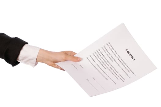 The managing director giving her partner a contract for signing