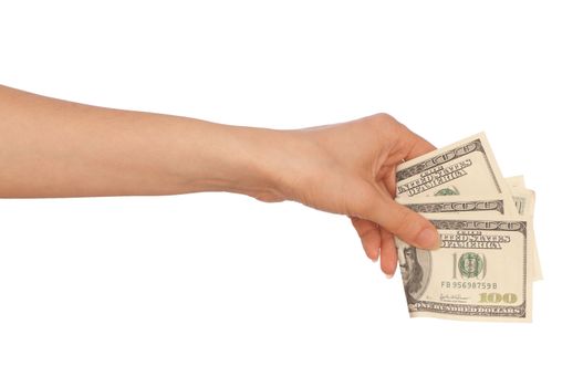 Woman buying goods in the supermarket with dollars