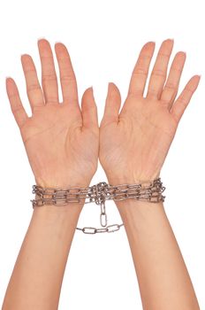 Woman bounded metal chains as a symbol of punishment