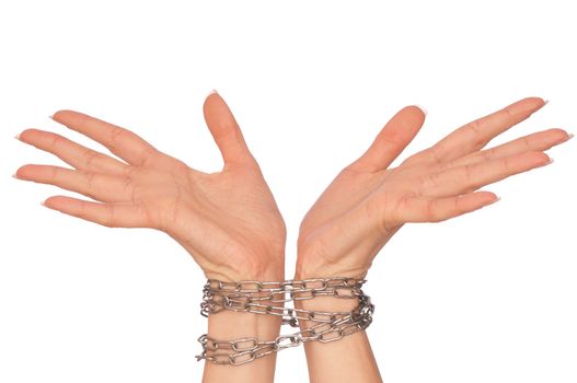 Woman bounded metal chains as a symbol of punishment