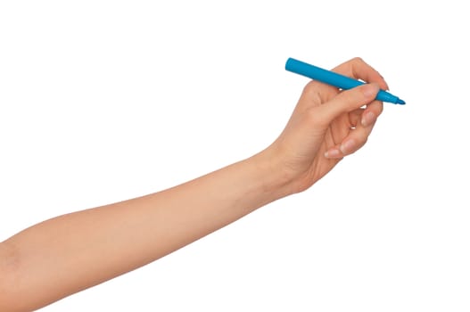 businesswoman drawing scheme with blue felt-tip pen