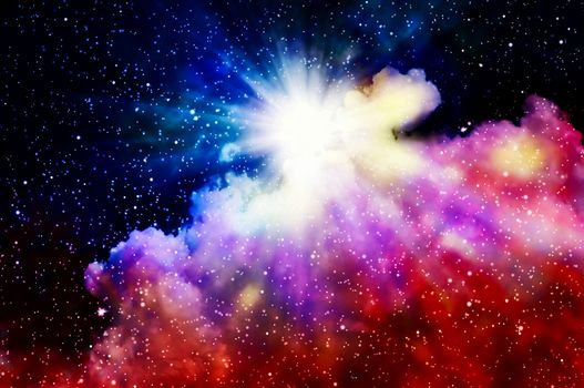 The polar Northern Lights and the stars shine through the clouds and look like a birth of a new nebula after the supernova explosion