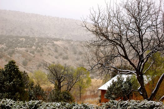 Winter cabin in the mountains