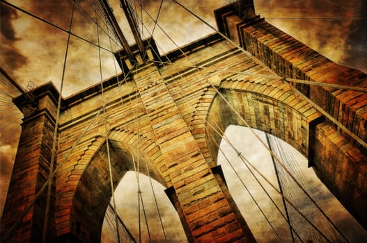 Brooklyn bridge detail vintage retro view, NYC, USA