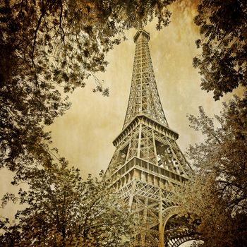 Eiffel tower monochrome vintage retro and trees, Paris, France