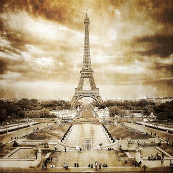 Eiffel tower view from Trocadero square, vintage retro, Paris, France