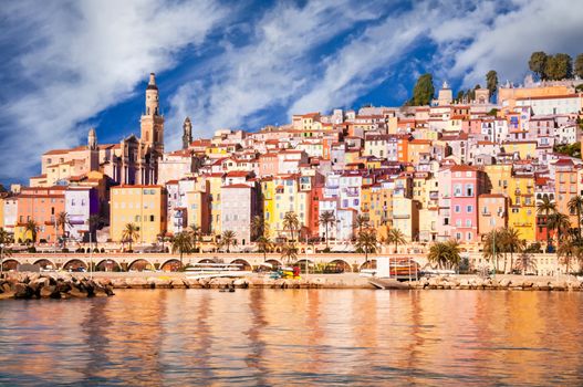 Menton colorful houses and water reflection, Provence, France