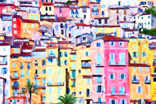 Menton colorful houses, postprocess painting art by the photographer