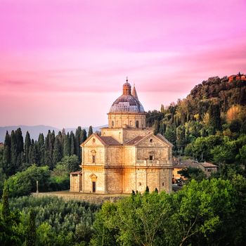 San Biagio cathedral at colorful sunset, square format, Montepulciano, Italy