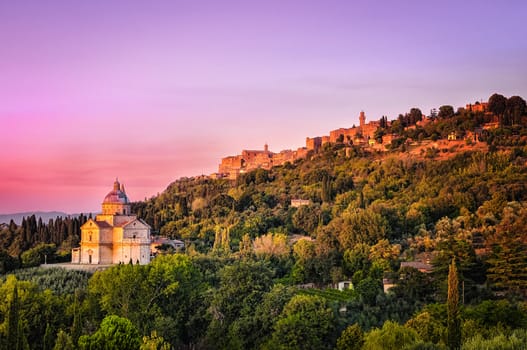 San Biagio cathedral at colorful sunset, Montepulciano, Italy